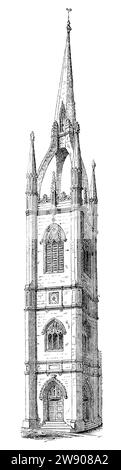 Vintage 1854 engraving of the tower of St. Dunstan-in-the-East church in London. Stock Photo