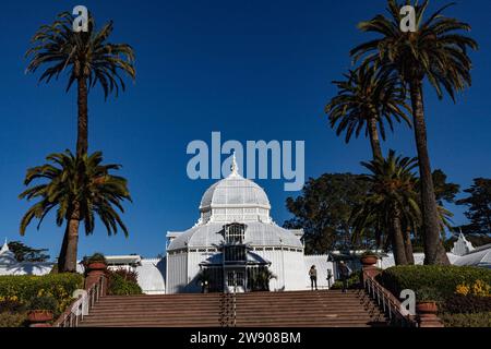 The Conservatory of Flowers is a greenhouse and botanical garden that houses a collection of rare and exotic plants in Golden Gate Park, With construc Stock Photo