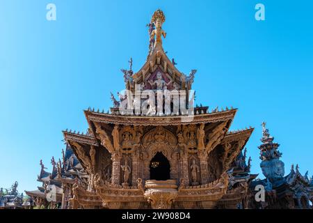The Sanctuary of Truth wooden temple in Pattaya Thailand is a gigantic wooden construction located at the cape of Naklua Pattaya City  Stock Photo