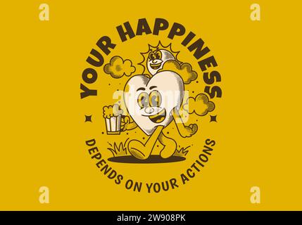 Your happiness depends on your actions. Character of a sun and heart holding a beer Stock Vector