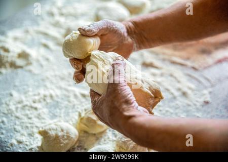 Process of making pies, hand. Hands pie dough. Dough for baking, pieces dough. Womans hands rolling doughs for pies. Senior woman hands rolling out Stock Photo