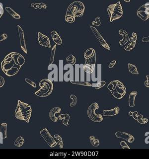 Hand drawn vector ink illustration. Pasta Italian elbows gobetti cavatappi conchiglie orecchiette penne rigatoni. Seamless pattern isolated on dark Stock Vector