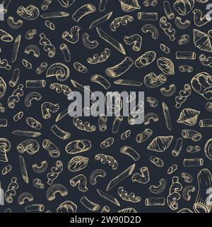 Hand drawn vector ink illustration. Pasta Italian elbows gobetti cavatappi conchiglie orecchiette penne rigatoni. Seamless pattern isolated on dark Stock Vector