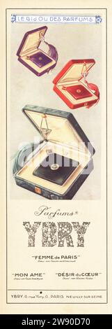 Magazine advertisement for Parfums Ybry. Three square flacons of perfume Femme de Paris in emerald green, Mon Ame in amethyst and Desir du Coeur in ruby, in matching velvet boxes with tassles. Ybry was a French luxury perfume and fashion house founded in 1925 by Simon Jaroslawski. Le Bijou des Parfums. Colour printed illustration from Art, Gout, Beaute, published by fashion magazine AGB, Lyon, 1927. Stock Photo