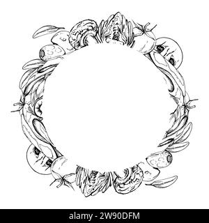 Hand drawn vector ink illustration. Champignon mozzarella artichoke prosciutto tomato basil olive. Wreath frame isolated on white. Design for Stock Vector