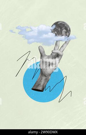 Vertical dreamy photo collage of human hand touching miniature full moon space exploration discovery fantasy on paper texture background Stock Photo
