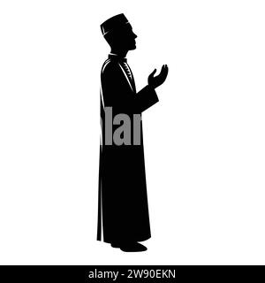 A silhouettes of solemnly muslim man raising their hands in prayer, kneeling and bowing, vector illustration, isolated on white background. Stock Vector