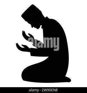 A silhouettes of solemnly muslim man raising their hands in prayer, kneeling and bowing, vector illustration, isolated on white background. Stock Vector