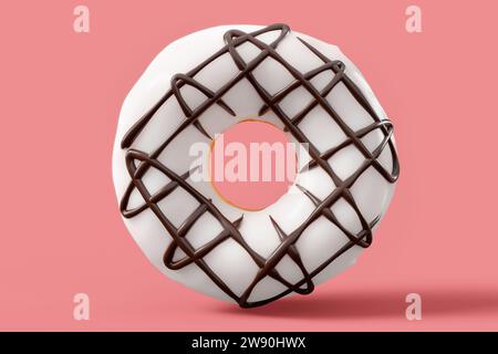 Chocolate glazed donut with sprinkles on a pink background. 3d render and illustration of pastry and confectionery Stock Photo