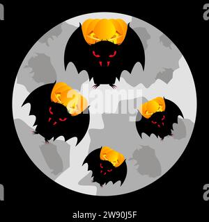 Halloween theme. A flock of bats with pumpkins on the background of the moon. Night black background. Vector illustration. Stock Vector