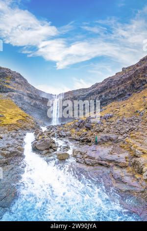 Fossá Waterfall is the tallest waterfall in the Faroe Islands. The waterfall drops in two levels and is  located on Streymoy island. Stock Photo