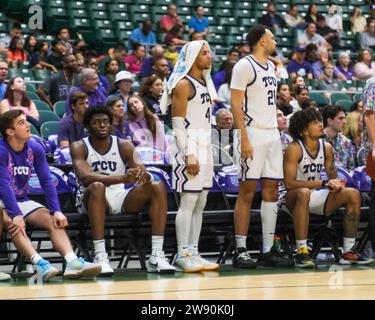 Honolulu, Hawaii, USA. 22nd Dec, 2023. TCU bench watches the game during the Hawaiian Airlines Diamond Head Classic basketball game between the TCU Horned Frogs and Nevada Wolf Pack at Sofi Arena in the Stan Sheriff Center in Honolulu, Hawaii. Glenn Yoza/CSM/Alamy Live News Stock Photo