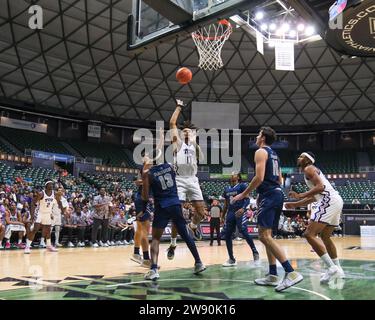 Honolulu, Hawaii, USA. 22nd Dec, 2023. TCU guard Micah Peavy (0) shoots the ball during the Hawaiian Airlines Diamond Head Classic basketball game between the TCU Horned Frogs and Nevada Wolf Pack at Sofi Arena in the Stan Sheriff Center in Honolulu, Hawaii. Glenn Yoza/CSM/Alamy Live News Stock Photo