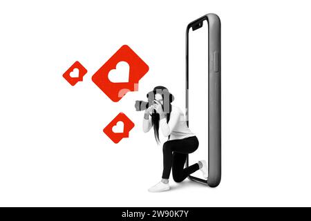 Creative illustration photo picture young stylish lady take photo huge phone heart icon notification like social media Stock Photo