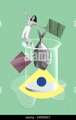 Creative abstract template collage of funny female keep balance fish glass flask eco research surreal weird freak bizarre unusual fantasy Stock Photo