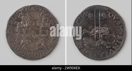 Warning against the peace negotiations in Cologne, Gerard van Bylaer, 1579 history medal Silver medal. Front: two horsemen and two soldiers on foot together in a battle inside. Reverse: two corpses, the heads of which are placed on stakes within the change. Dordrecht silver (metal) striking (metalworking)  Cologne Stock Photo