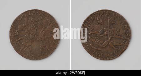 Warning against the peace negotiations in Cologne, Gerard van Bylaer, 1579 live Copper medal. Front: two horsemen and two soldiers on foot together in a battle inside. Reverse: two corpses, the heads of which have been placed on the rod in the Overschruise Dordrecht copper (metal) striking (metalworking)  Cologne Stock Photo