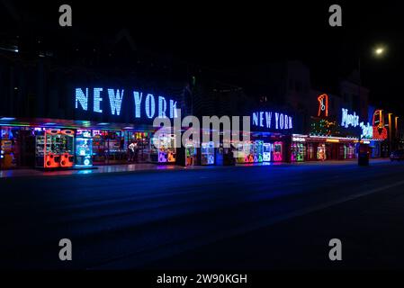 Southend on Sea seafront lights and amusement arcade at night. New York, New York amusement arcade on Marine Parade Stock Photo