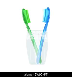 Toothbrushes in mug on white background. Plastic toothbrushes in a glass holder. Transparent cup and colored brush.Oral hygiene and dental care.Vector Stock Vector