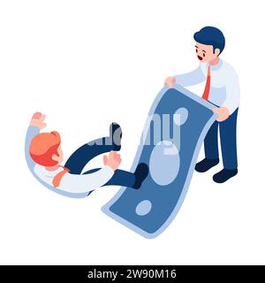 Flat 3d Isometric Businessman Slipping on Money by His Friend. Business Competition and Betrayal Concept. Stock Vector