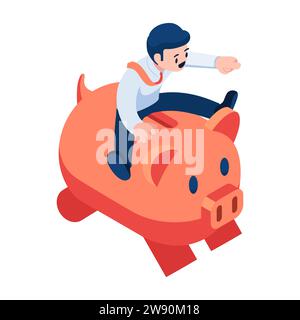 Flat 3d Isometric Businessman Riding Piggybank and Moving Forward. Financial Management and Investment Planning Concept. Stock Vector