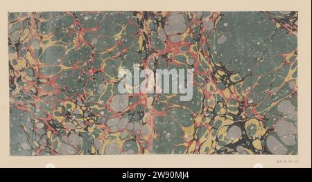 Dots pebble marble in white, green, yellow, pink, gray and black., Anonymous, 1700 - 1850 marbled paper Dot marble in white on a pebble marble in green and gray -green on a fantasy marble in red, yellow and black.  paper. paint (coating) stone marbled paper Stock Photo