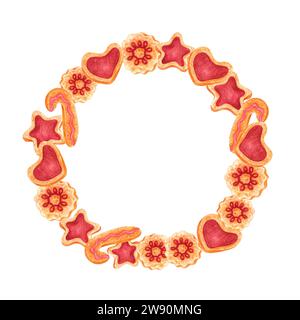 Hand drawn watercolor gingerbread house and cookies wreath isolated on white background. Can be used for cards, album and other printed products Stock Photo