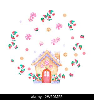 Hand drawn watercolor gingerbread house and candies composition isolated on white background. Can be used for card, album and other printed products Stock Photo