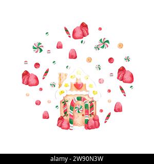 Hand drawn watercolor gingerbread house, sweets and strawberry composition isolated on white background. Can be used for poster, card, album and other Stock Photo