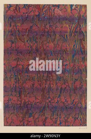 Pebble -strip marble yellow, blue, red, black and pink, anonymous, 1700 - 1850 marbled paper Pebble marble in pink on stripe marble yellow, blue, red and black with six lanes blue over the leaf.  paper. paint (coating) dribbled paper / stone marbled paper Stock Photo