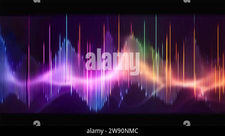 abstract technology background with neon waveform of audio signal, speech and sound concept Stock Photo