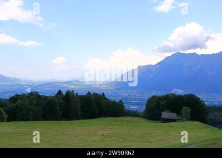 a Panoramic view from Switzerland to Liechtenstein, Vaduz City and Rhine River Stock Photo