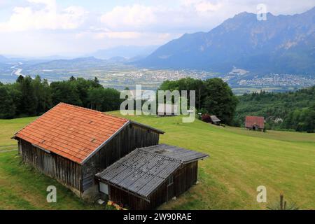 a Panoramic view from Switzerland to Liechtenstein, Vaduz City and Rhine River Stock Photo