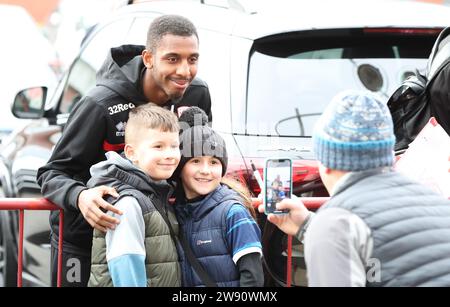 Isaiah Jones of Middlesbrough arrives ahead of the Sky Bet Championship match Middlesbrough vs West Bromwich Albion at Riverside Stadium, Middlesbrough, United Kingdom, 23rd December 2023  (Photo by Nigel Roddis/News Images) Stock Photo