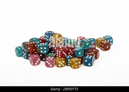 Colorful Dice Pile on White Background - Perfect for Board Games and Casino Nights Stock Photo