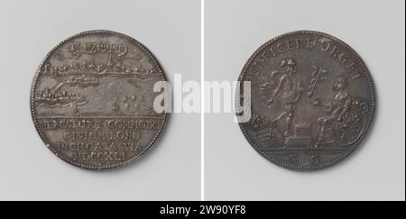 's-Hertogenbosch, Midwow Menby on the construction of the Steenweg from' s-Hertogenbosch to Eindhoven, Theodorus Everardus van Berckel, 1741  Silver medal. Front: View of Stad from the south side under Pennel with inscription; In the foreground: St. Antononeschans, Fort Isabella and Straatweg; Right: a ship, five haystacks and lawn mower with scythe on the left; Cut: Inscription. Reverside: standing on a bale, Mercury holds hose relief in the left hand, while he is sitting for him sitting for him, representing the city of 's-Hertogenbosch, who leans on coat of arms, on the horn of abundance, b Stock Photo