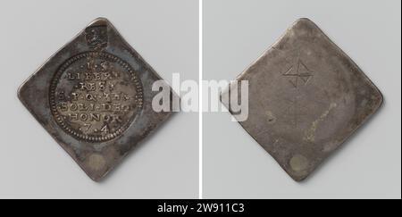 Half Daalder, emergency coin from Middelburg, beaten after the siege and the intake of the city, Anonymous, 1574 coin. siege coin diamond -shaped emergency coin with rounded corners. Front: two stamps above each other: upper stamp: coat of arms; Below that: inscription in round pearl edge. Reverse: private label Middelburg silver (metal) striking (metalworking) / engraving  Middelburg Stock Photo