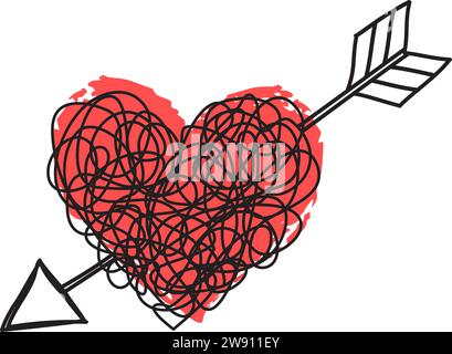 Heart and arrow shaped tangled grungy scribble hand drawn with thin line on red ink heart. Isolated on white background. Vector illustration Stock Vector