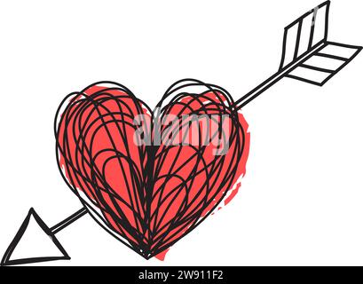 Heart and arrow shaped tangled grungy scribble hand drawn with thin line on red ink heart. Isolated on white background. Vector illustration Stock Vector