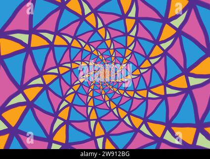 Dazzling stained glass window with an intricate spiral design in vibrant hues set against a deep purple background. Stock Vector