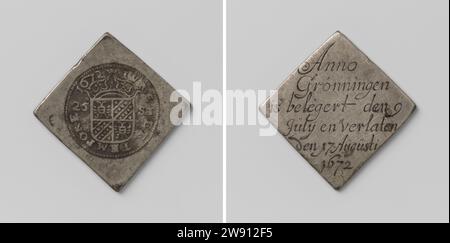 Half Daalder, emergency coin from Groningen, beaten during the siege, Anonymous, 1672 coin. siege coin Diamond -shaped silver emergency coin of 25 pennies with rounded corners. Front: Crowned coat of arms between value indication within the change. Reverse: inscription 'Anno Groningen is besieged on 9 July and abandoned August 17 1672 Groningen silver (metal) striking (metalworking) / engraving  Groningen Stock Photo