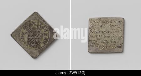 Half Daalder, emergency coin from Groningen, beaten during the siege, Anonymous, 1672 coin. siege coin diamond -shaped emergency coin with rounded corners. Front: Crowned coat of arms between value indication within the change. Reverse: inscription 'Do Barent van Galen for Groningen did the mass, do the Dese Mint a memorial Groningen silver (metal) striking (metalworking) / engraving  Groningen Stock Photo