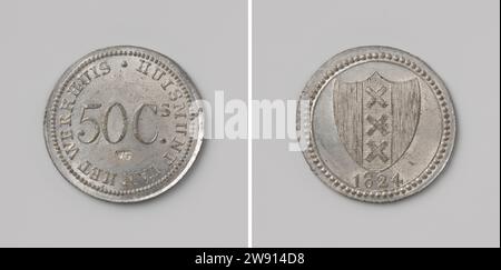 Werkhuis in Amsterdam, Huismunt worth fifty cents with stamp VG, Hendrik de Heus, 1824  Front: Value designation within the change and pearl edge; Under number 50 knock: Letters V and G. Turn side: Coat of arms above year in pearl edge Amsterdam tin (metal) striking (metalworking)  Amsterdam Stock Photo