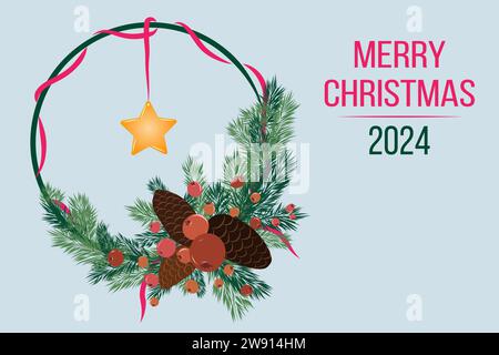 Christmas greeting card with spruce wreath with red ribbon with star, bright red berries and brown cones. Text. Horizontal. Vector Stock Vector