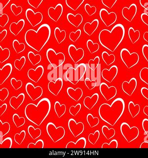 White Love Heart with outlined style in red color background. Seamless pattern design template Stock Vector