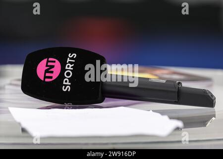 London, UK. 23rd Dec, 2023. TNT SPorts microphone during the Premier League match West Ham United vs Manchester United at London Stadium, London, United Kingdom, 23rd December 2023 (Photo by Mark Cosgrove/News Images) in London, United Kingdom on 12/23/2023. (Photo by Mark Cosgrove/News Images/Sipa USA) Credit: Sipa USA/Alamy Live News Stock Photo