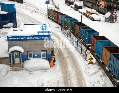 Murmansk, Russia - February 27, 2022: Railway transport branch of the Norilsk Nickel company, Murmansk Stock Photo