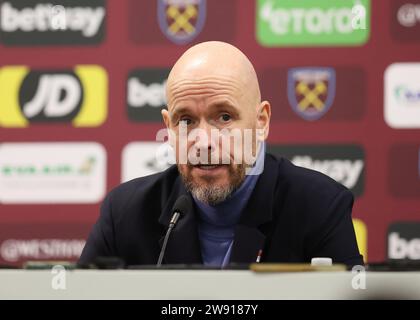 London, UK. 23rd Dec, 2023. Erik ten Hag, Manager of Manchester United talks in a press conference after the Premier League match at the London Stadium, London. Picture credit should read: Paul Terry/Sportimage Credit: Sportimage Ltd/Alamy Live News Stock Photo