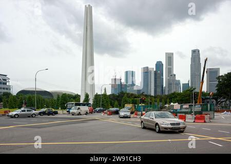 Singapore, Singapore - August 22 2007: The obelisk named Civilian War Memorial was shaped like a huge chopsticks. It is located at War Memorial Park, Stock Photo