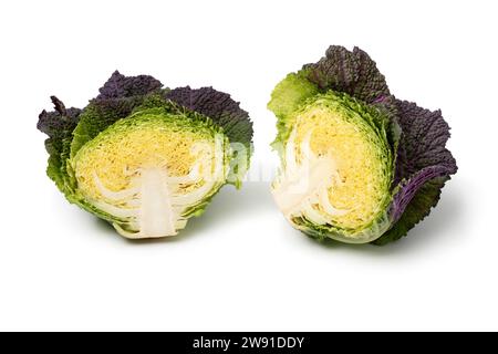 Halved fresh raw Pontoise cabbage isolated on white background close up Stock Photo